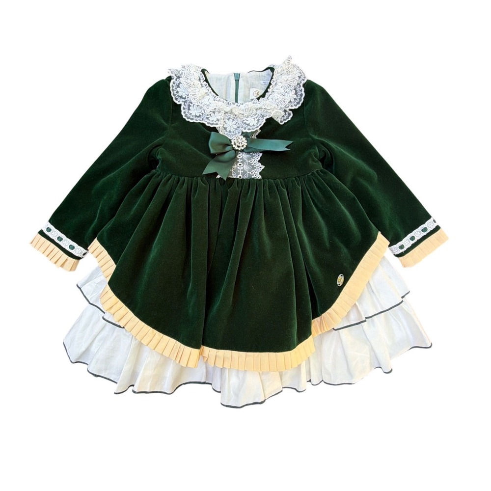 Pettigirl Green Velvet Lace Collar Ruffle Dress Girls Size 3 Holiday